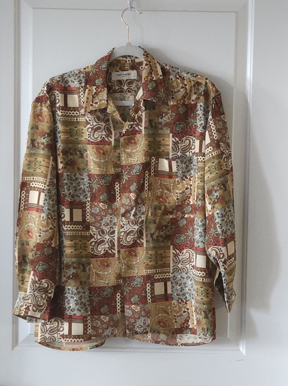 Vintage Patchwork Print Long Sleeve Button-Down Shirt – Size Small (100% Rayon